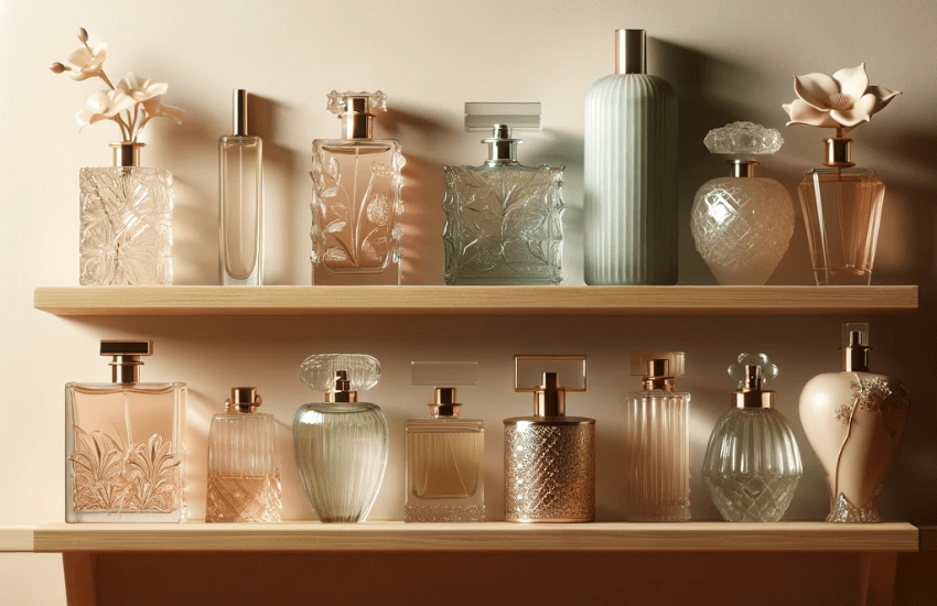 non toxic perfume bottles on a shelf rendering