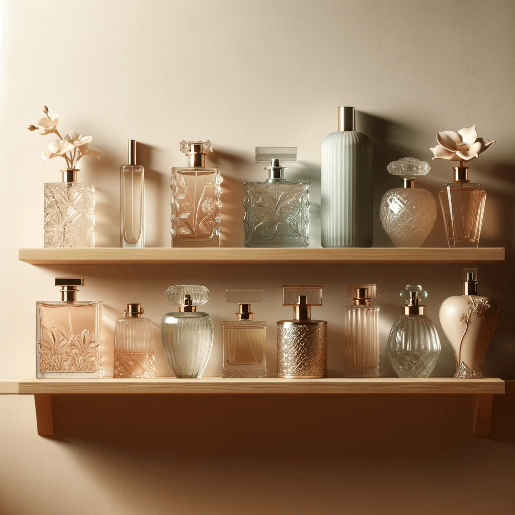 non toxic perfume bottles on a shelf rendering